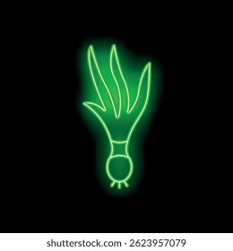 Green neon sign showing a green onion vegetable on a black background