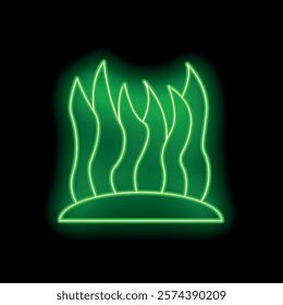 Green neon sign showing seaweed growing from the seabed on a black background