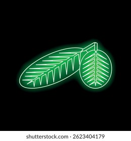 Green neon sign showing two bay leaves, a symbol for cooking and flavor, on a black background