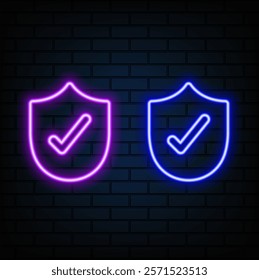 Green Neon Sign Vector Check Mark. Check the neon sign button design template list, modern trend design, neon night signboard, flag light. Illustration background, vector black.