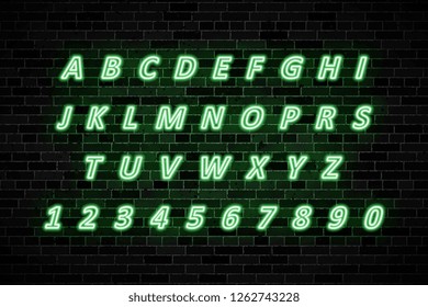 green neon signs capital letters and numbers on dark brick wall background. modern vector italics alphabet easy to edit and customize. eps 10