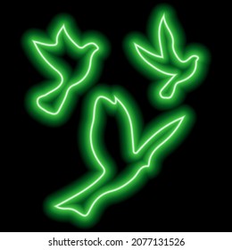 Green Neon Silhouettes Of Three Birds Flying In The Sky On Black. Freedom, Flight, Upward Movement. Vector Illustration