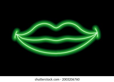 Grüner Neon lächelt Lippen auf schwarzem Hintergrund. Die Kontur der Lippen. Küss. Vektorgrafik
