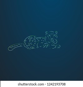  Green Neon Snow Leopard Rest Line Art on a   Blue Background - Vector Design