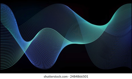 Green neon spiral mesh for data transition effect. Purple line transparent waves fade and connect light pattern technology. Music sound blurred flow at night sky spectrum.
