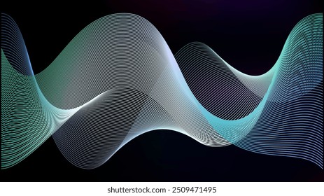 Malla espiral de neón verde para el efecto de transición de datos. Las ondas transparentes de línea púrpura se desvanecen y conectan la tecnología de patrón de luz. Sonido de música borroso flujo en el espectro del cielo nocturno.