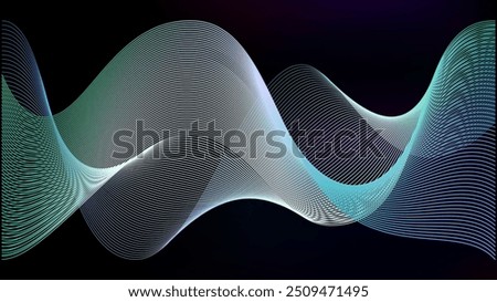 Green neon spiral mesh for data transition effect. Purple line transparent waves fade and connect light pattern technology. Music sound blurred flow at night sky spectrum.