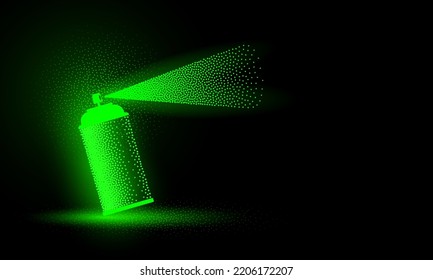 Green Neon Spray Can With Spray Jet On A Black Background. Vector Spray Can Of Neon Paint And Dotted Texture Effect.