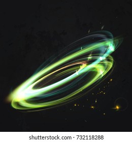 Green neon swirl line in motion. Vector glowing curved and transparent frame with magic sparkles on dark texture of wall. Lighting abstract element with burst and glitter