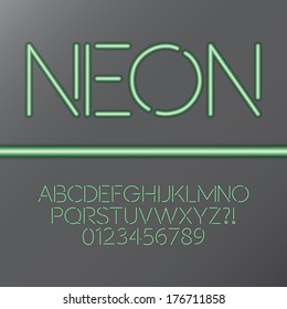 Green Neon Tube Alphabet and Numbers, Eps 10 Vector