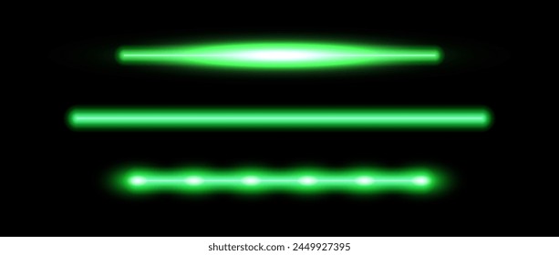 Стоковое векторное изображение: Green neon tube lamp set. Glowing led light line beam collection. Bright luminous fluorescent bar stick lines. Shining strip element pack to divide, separate, decorate. Vector illustration
