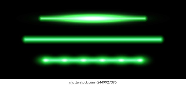 Green neon tube lamp set. Glowing led light line beam collection. Bright luminous fluorescent bar stick lines. Shining strip element pack to divide, separate, decorate. Vector illustration