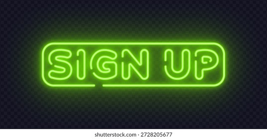 Letrero de Vector de neón verde con texto Registrarse dentro del marco brillante. Un claro llamado a la acción atrae la atención de Sitios web, App y Elementos de interfaz. Ideal para el diseño de registro y promoción.