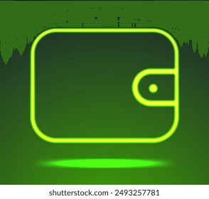 Green neon wallet icon. Line glowing purse symbol 