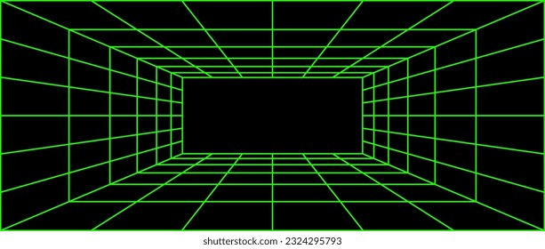 Green neon wireframe grid room. 3d perspective background. Futuristic digital outline space. Geometric design. Vector template illustration