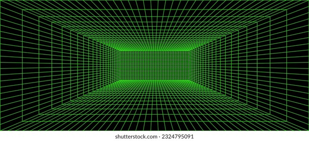 Sala de malla de neón verde. 3d fondo en perspectiva. Espacio de contorno digital futurista. Diseño geométrico. Ilustración de plantilla de vector