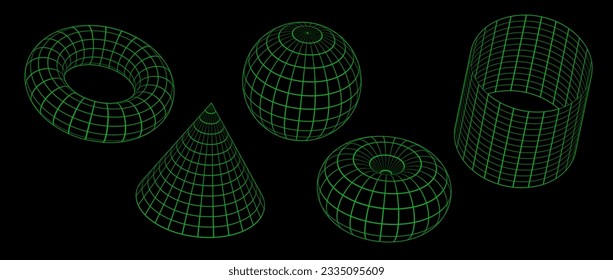 Green neon wireframe shapes collection. 3d outline sphere, cylinder, cone and torus. Geometric elements for design templates, icons, logo. Abstract lattice objects with connected lines. Vector pack