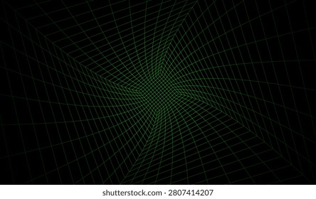 Green neon wireframe vortex tunnel with fisheye warped grid distortion on black background, glowing matrix cyberspace digital abstract render