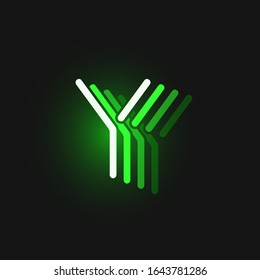 Green neon 'Y' character font on black background with reflections, vector illustration