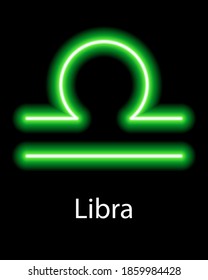 Green neon zodiac sign Libra with caption. Predictions, astrology, horoscope.