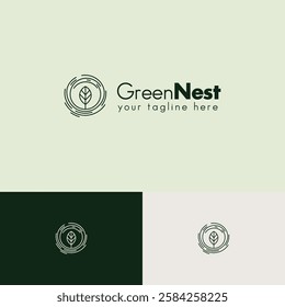 Green nest logo with green leaves vector design template