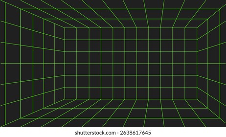 A green net on a black background. A 3d cube checked grid. A green neon lines checked 3d box. Technological futuristic neon light background.