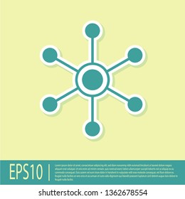 Green Network icon isolated on yellow background. Global network connection. Global technology or social network. Connecting dots and lines. Flat design. Vector Illustration