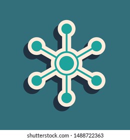 Green Network icon isolated on blue background. Global network connection. Global technology or social network. Connecting dots and lines. Long shadow style. Vector Illustration