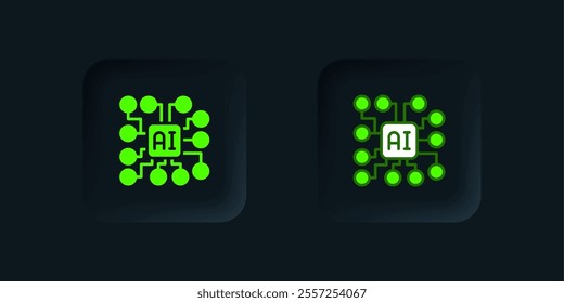 Green Neural network icon isolated on black background. Artificial intelligence AI. Black square button. Vector