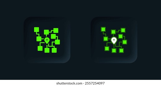 Green Neural network icon isolated on black background. Artificial intelligence AI. Black square button. Vector
