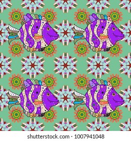 Green, neutral and violet. Vector illustration. Seamless. Watercolor texture fish pattern.