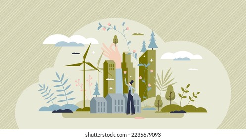 Green new deal or GND with sustainable climate policy tiny person concept. Urban city with recyclable power sources and social nature activism vector illustration. CO2 emissions free environment.