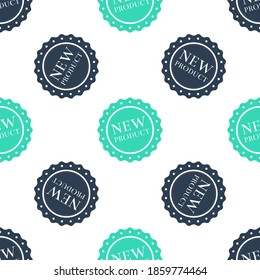 Green New product label, badge, seal, sticker, tag, stamp icon isolated seamless pattern on white background. Vector.