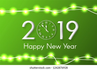 Green New Year 2019 concept with realistic Christmas lights on sparkles background. Vector greeting card illustration with white numbers and vintage clock