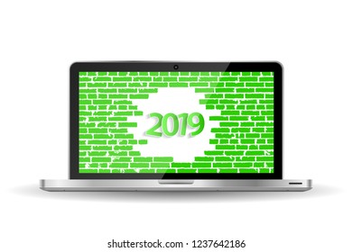 Green New Year 2019 greeting card concept on opened notebook. Vector illustration