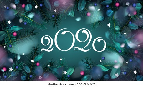 Green New Year forest background with fir tree, wild berries and 2020 text vector illustration