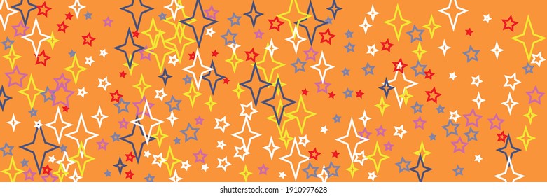 Green New Year Santa Vivid Colorful Yellow Sky Background. Blue Bright Stars White Christmas Orange Red Stars Pattern. Print Violet Holiday Vibrant Horizontal Multicolor Chaotic Design Pic.