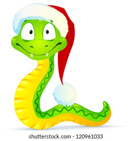 Green New Year snake in red Santa hat