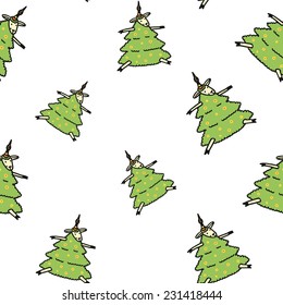 Green new year tree funny sheep vector seamless pattern on white background