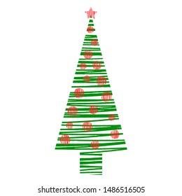 Green New Year and Xmas tree, Christmas red balls and star. Hatching with felt-tip pen. Single hand drawn doodle vector illustration for greeting cards, posters, stickers and seasonal design.
