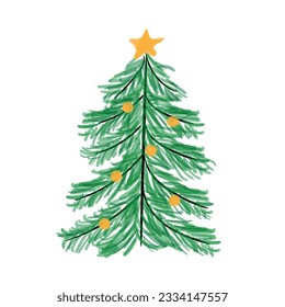 Green New Year and Xmas tree, Christmas balls and star. Felt-tip pen style. Single hand drawn doodle vector illustration for greeting cards