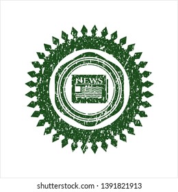 Green newspaper icon inside rubber seal with grunge texture