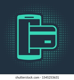 Green NFC Payment icon isolated on blue background. Mobile payment. NFC smartphone concept. Transfer icon. Abstract circle random dots. Vector Illustration