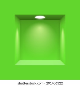 Green niche for presentations illuminated  light lamp