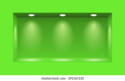 Green niche for presentations illuminated with three light lamps