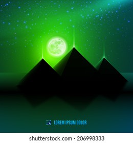 Green night  egypt  desert  fantasy landscape background  illustration with moon, pyramids and stars