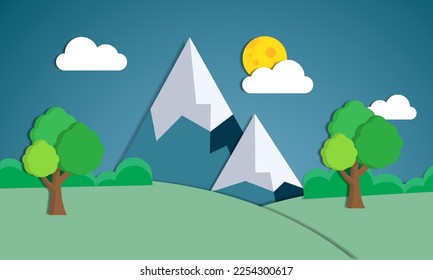 Green night nature forest landscape scenery banner background paper art style.Vector illustration.