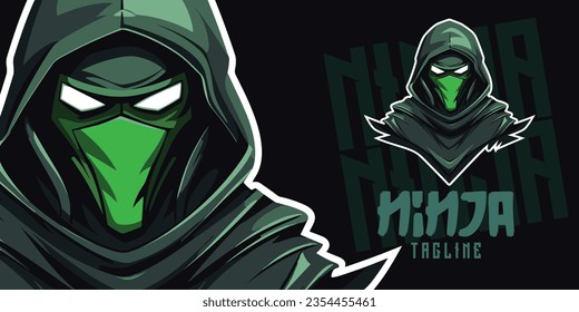 Green Ninja Assassin Illustrated: Logo, Mascot, Illustration, Vector Graphic for Sport and E-Sport Gaming Teams, Killer Ninja Mascot Head
