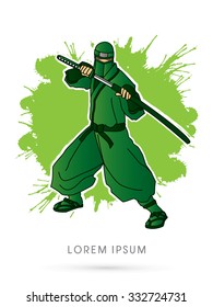 Green Ninja and sword on splash grunge background graphic vector.