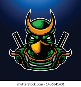 Green  Ninja Warrior E-Sport Gaming Logo Template  with two sword 